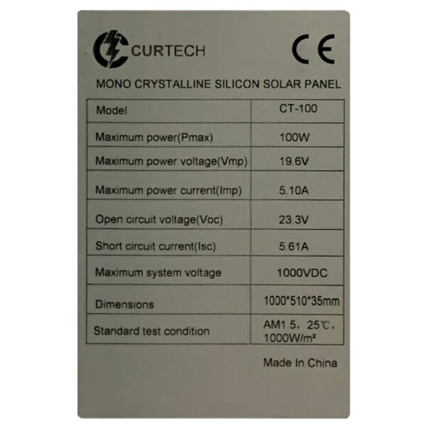 100W Curtech Monocrystalline Solar Panel Specifications