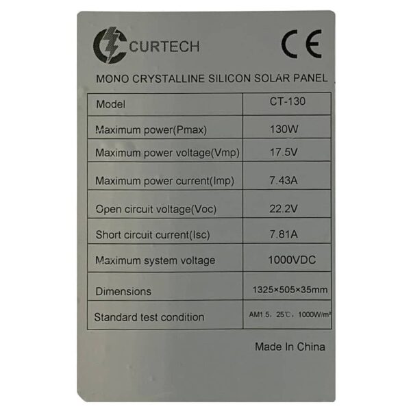 130 Watt Curtech Monocrystalline PERC Solar Panel Specifications