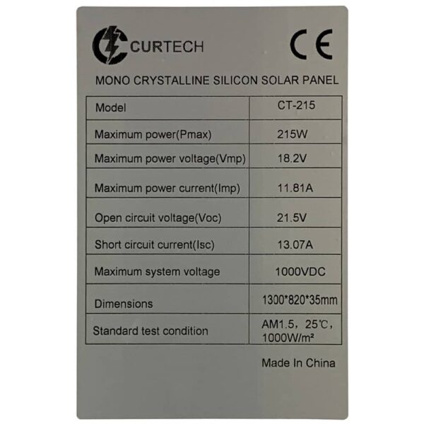 215W Curtech Monocrystalline Solar Panel Specifications