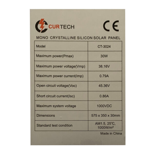 24V 30W Curtech Monocrystalline Solar Panel Specifications