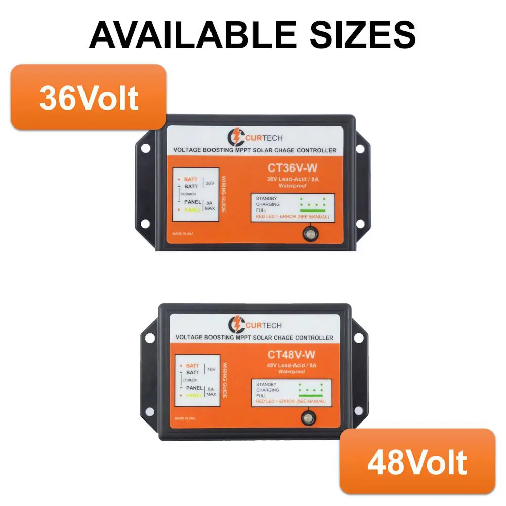 Curtech Voltage Boosting Waterproof 8 Amp MPPT - Available Sizes 36 Volt or 48 Volt Curtech Voltage Boosting Waterproof 8 Amp MPPT - Available Sizes 36 Volt or 48 Volt