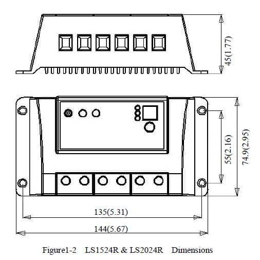 LSR 20 Amp 12 Volt / 24 Volt Solar Charge Controller Size