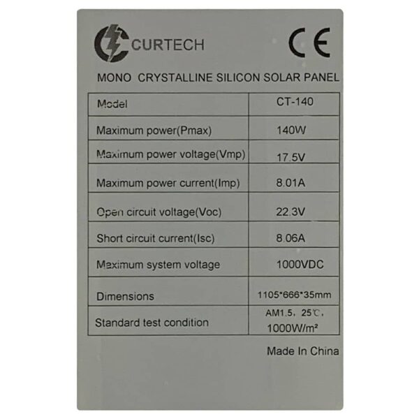 140 Watt Curtech Monocrystalline PERC Solar Panel Specifications