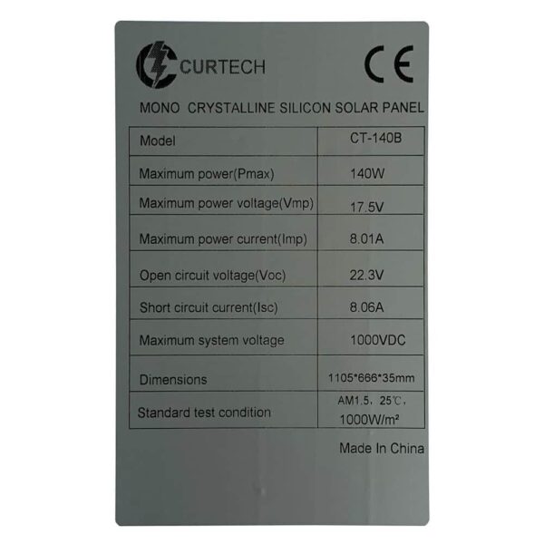140 Watt Curtech Monocrystalline PERC Solar Panel with Black Frame Specifications