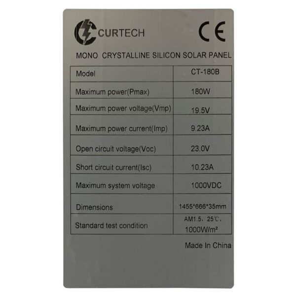 180 Watt Curtech Monocrystalline PERC Solar Panel with Black Frame Specifications