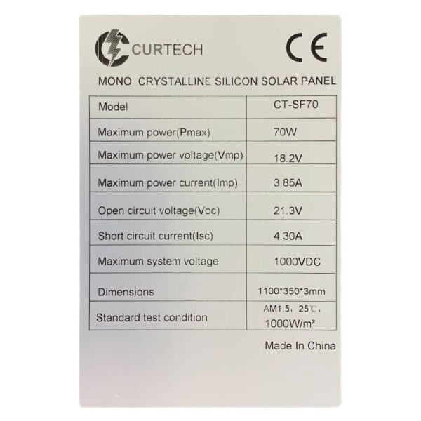 70 Watt Semi Flexible Shingle Solar Panel Specifications