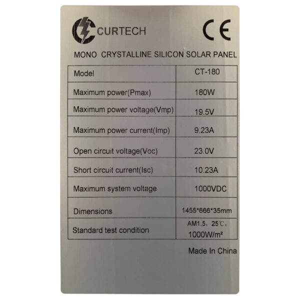 180W Curtech Monocrystalline PERC Solar Panel Specifications