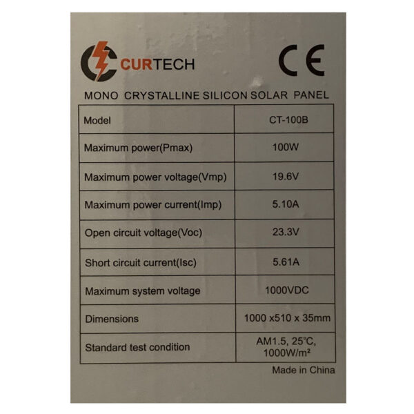 100W Curtech Monocrystalline Solar Panel with Black Frame Specifications