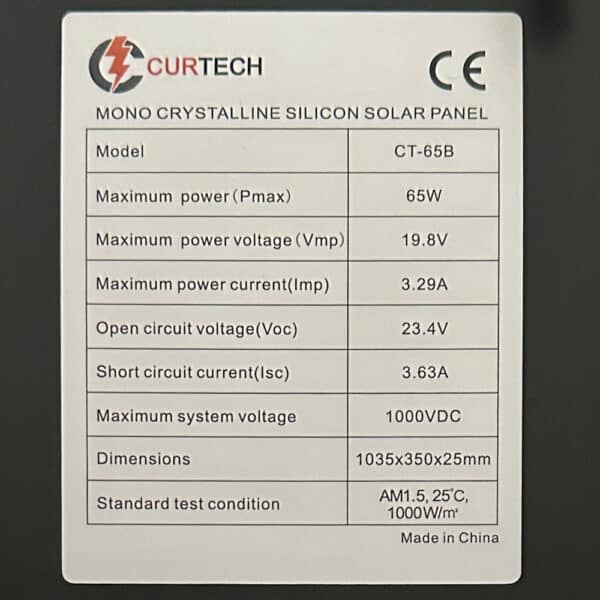65W Monocrystalline Solar Panel with Black Frame Specifications