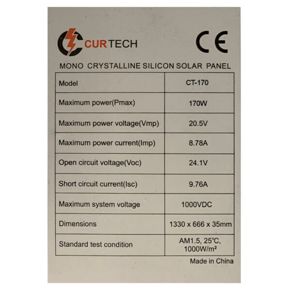 170W Curtech Monocrystalline Solar Panel Specifications