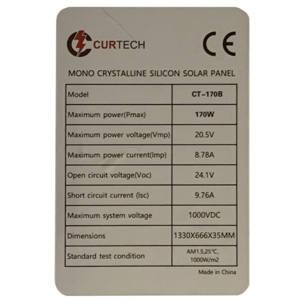 170W Curtech Monocrystalline Solar Panel with Black Frame Specifications