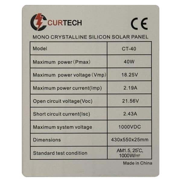 40W Curtech Monocrystalline PERC Solar Panel Specifications