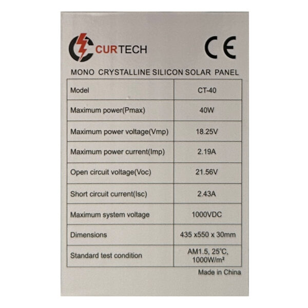 40W Curtech Monocrystalline PERC Solar Panel Specifications