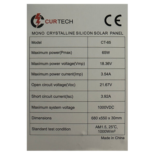 65W Curtech Monocrystalline PERC Solar Panel Specifications