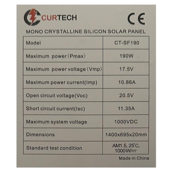 190W Curtech Semi Flexible Solar Panel Specifications