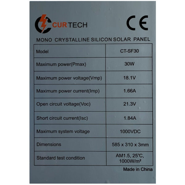 30W Curtech Semi Flexible Solar Panel Specifications