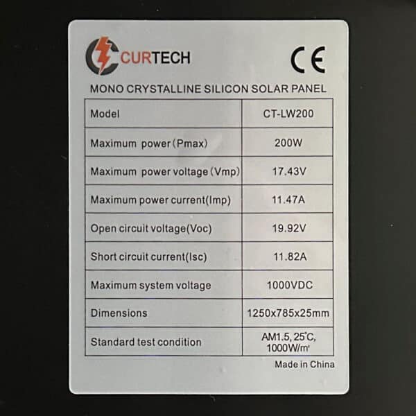 Curtech 200W Lightweight Aluminium Framed Solar Panel Specifications