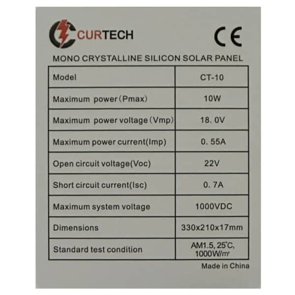 10W Curtech Solar Panel Specifications