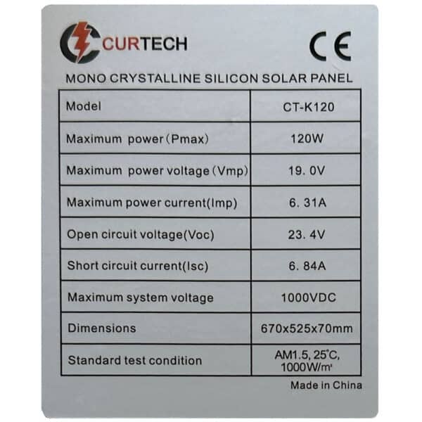 120W Monocrystalline Folding Solar Panel Kit Specifications